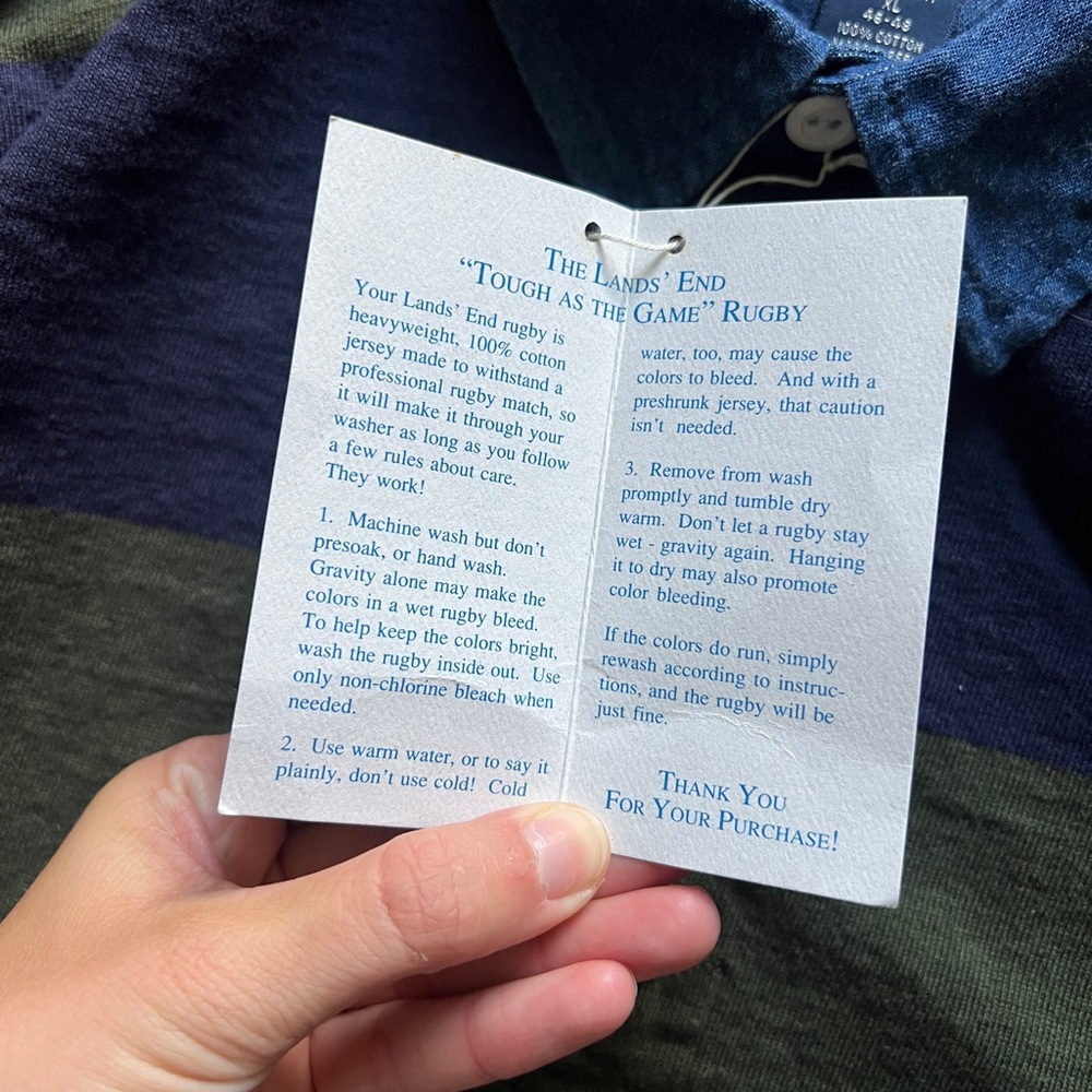 Vintage ‘92 Lands End Rugby Long Sleeve Polo Denim Collar Green Blue Stripe XL - Picture 5 of 16